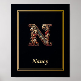 Póster Luxury Baroque Letter N Monogram Poster 