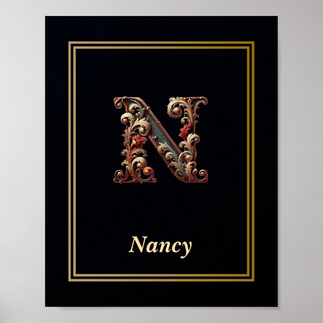 Póster Luxury Baroque Letter N Monogram Poster  (Frente)