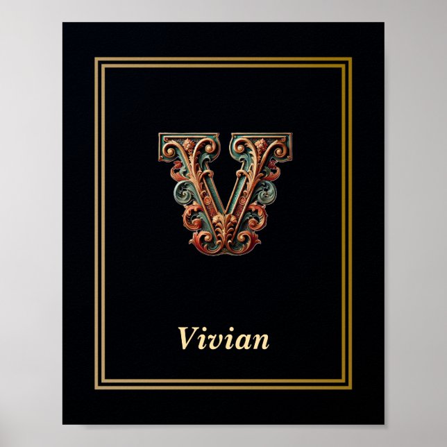 Póster Luxury Baroque Letter V Monogram Poster  (Frente)