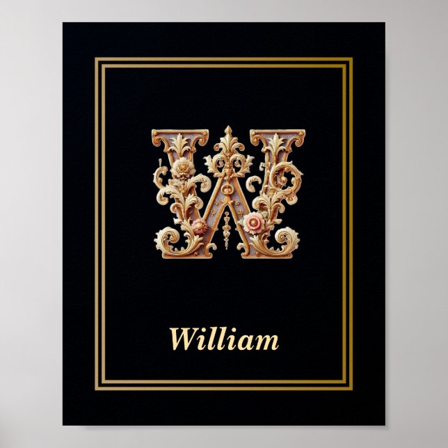 Póster Luxury Baroque Letter W Monogram Poster  (Frente)