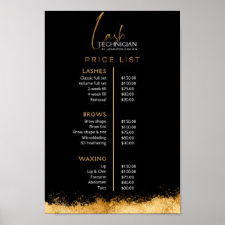 Póster Luxury Black and Gold Lash Tech Price List