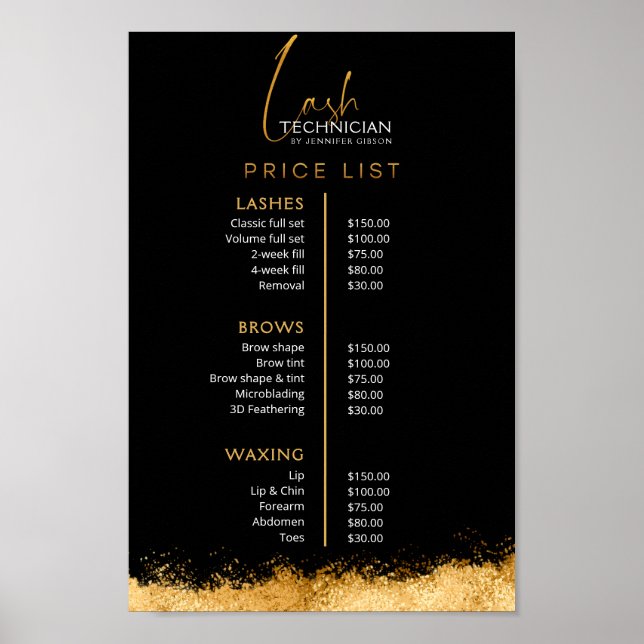 Póster Luxury Black and Gold Lash Tech Price List  (Frente)