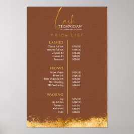 Póster Luxury Gold & Brown Lash Tech Price List