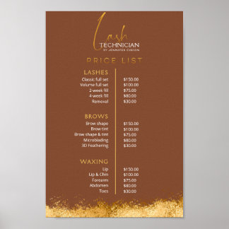Póster Luxury Gold & Brown Lash Tech Price List 