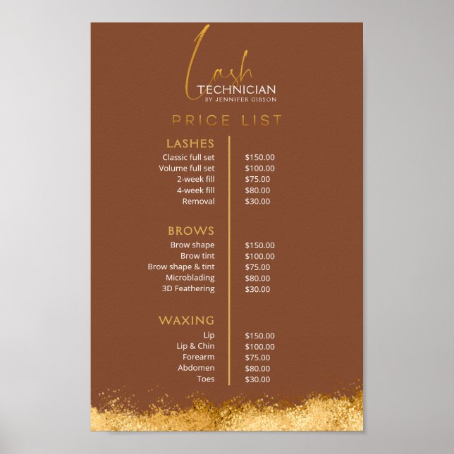 Póster Luxury Gold & Brown Lash Tech Price List  (Frente)