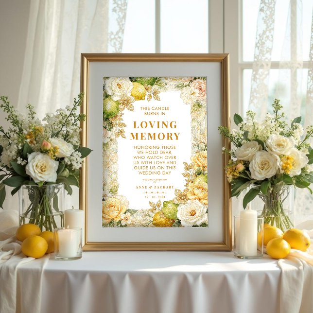 Póster Luxury Mediterranean Lemons & Flowers Memorial (Luxury Delicate Mediterranean Lemons & Flowers Frame Memorial Loved Ones Poster )