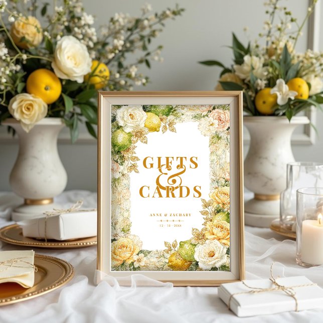 Póster Luxury Mediterranean Lemons & Flowers Wedding (Luxury Delicate Mediterranean Lemons & Flowers Frame Wedding Gifts & Cards Posters.)