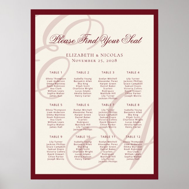 Póster Luxury Monogram Calligraphy Wedding Seating Chart (Frente)