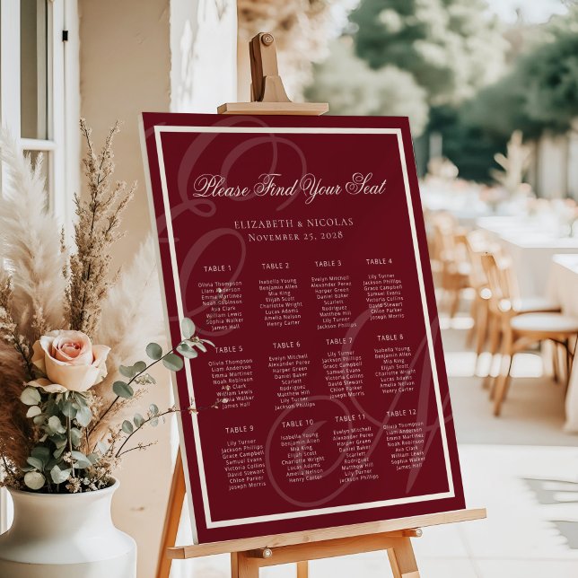 Póster Luxury Monogram Deep Red Wedding Seating Chart (Subido por el creador)