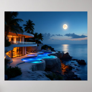 Póster Luxury Moonlit Villa – Modern Ocean Night Aestheti