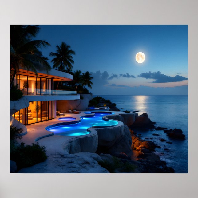 Póster Luxury Moonlit Villa – Modern Ocean Night Aestheti (Frente)