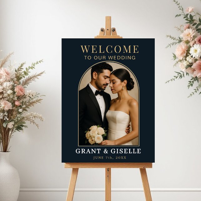 Póster Luxury Navy Blue Gold Photo Wedding Welcome Sign  (Subido por el creador)