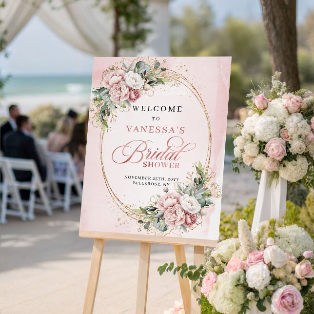 Póster Luxury Rose Gold Flowers Greenery Bridal Shower  (Luxury Rose Gold Flowers Greenery Bridal Shower Sign)