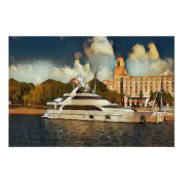 Póster Luxury Yacht Wall Art Coastal Harbor Scene