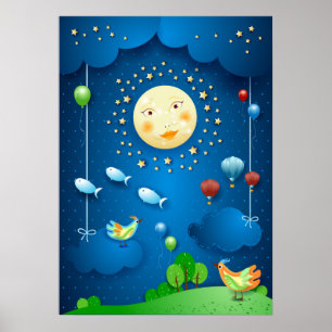 Póster Luz de la luna y peces voladores