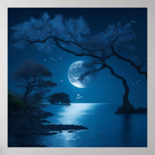 Póster luz de luna con hermosos árboles naturales