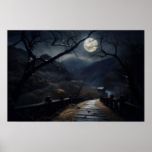 Póster Luz de luna de puente y sinuosa carretera