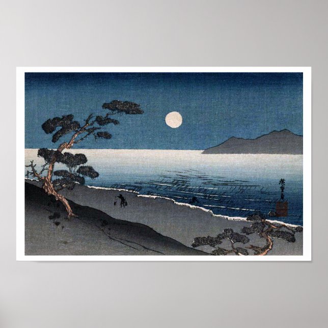 Póster Luz de luna y costa solitaria, Hiroshige, Ukiyo-e (Frente)