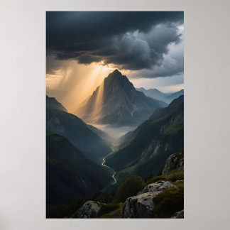 Póster Luz solar sobre majestuosa cima de montaña