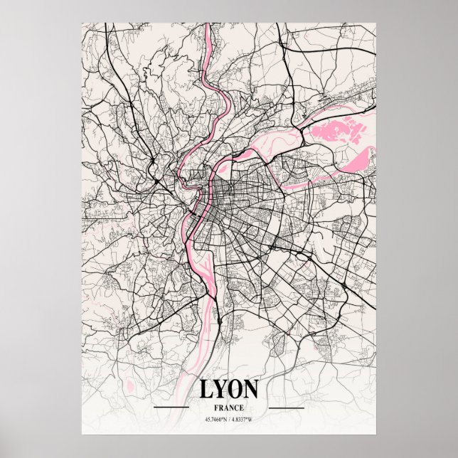 Póster Lyon - Francia Mapa de la ciudad napolitana (Frente)