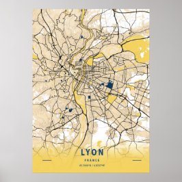 Póster Lyon - Mapa de la ciudad amarilla de Francia