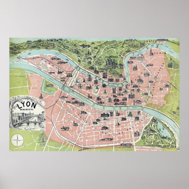 Póster Lyon Monumental Map Garnier Freres Paris 1894 (Frente)