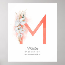 Póster M Letra Monograma Orquídeas Blancas y Hierba Pampa