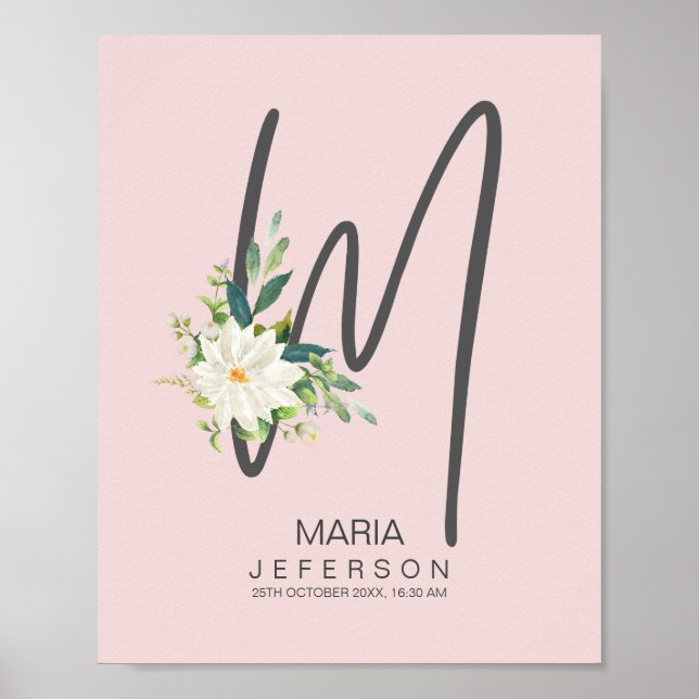 Póster M Letter Monogram Blush Floral Decor (Frente)