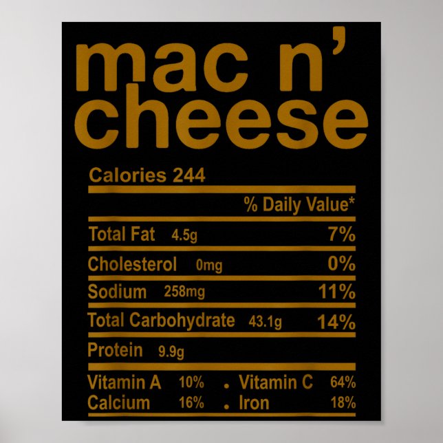 Póster Mac And Cheese Nutrition Facts Funny Thanksgiving  (Frente)
