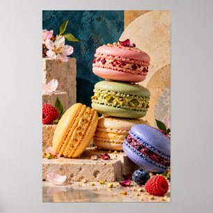 Póster Macarons Franceses Coloridos con Flores y Bayas