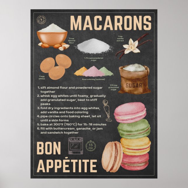 Póster Macarons Receta Chalkboard Kitchen Art (Frente)