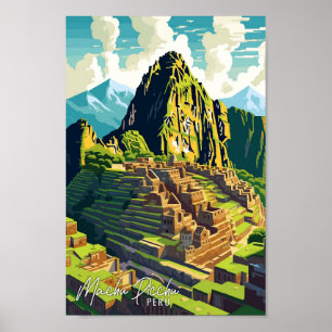 Póster Machu Picchu ilustracion de viaje artístico vintag