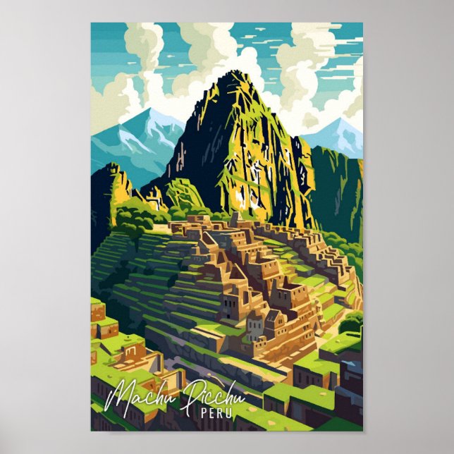 Póster Machu Picchu ilustracion de viaje artístico vintag (Frente)
