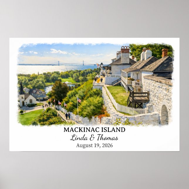 Póster Mackinac Island Michigan Poster, Watercolor, Custo (Frente)