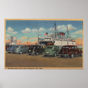 Póster Mackinaw City, MI - Vista del muelle del ferry del
