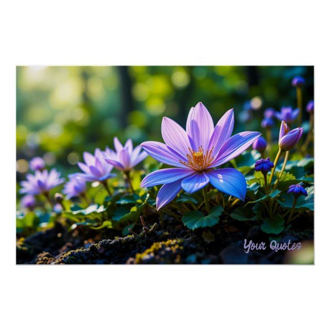 Póster Macro Flores Silvestres Moradas Bosque con Rocío (Anverso)