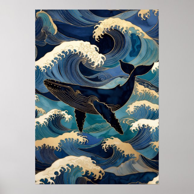 Póster Madagascar Ocean Whale - Blue & Gold Waves |  (Frente)