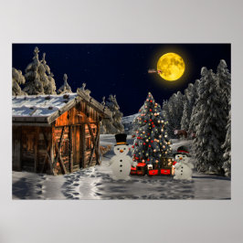 Póster Madera de árbol de navidad Snowman cabaña