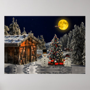 Póster Madera de árbol de navidad Snowman cabaña