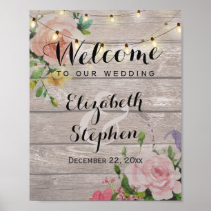 Póster Madera Floral Tela Luces Boda Rótulo de recepción
