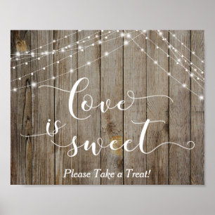 Póster Madera y luces templadas Amor es Rótulo de postre