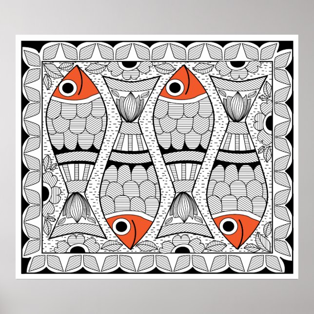 Póster Madhubani 4 Pescado (Frente)