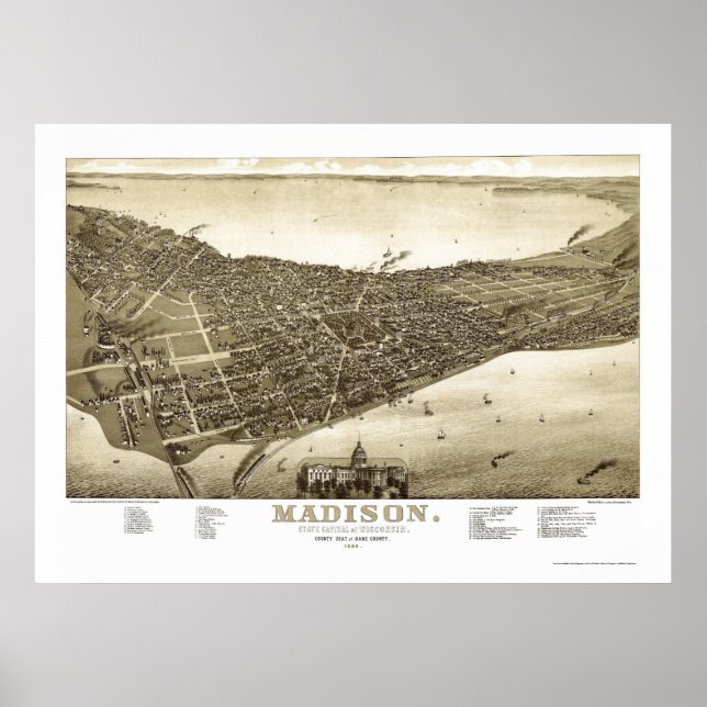 Póster Madison, WI Mapa Panorámico - 1885b (Frente)