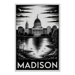 Póster Madison Wisconsin Silueta Urbana Grabado en Madera