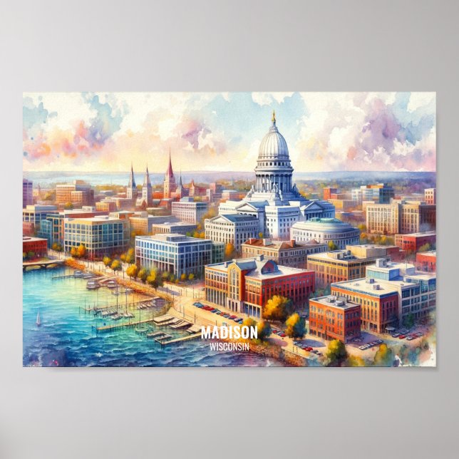 Póster Madison Wisconsin Travel Places acuarela (Frente)