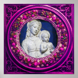 PÓSTER MADONA CON NIÑO CORONA FLORAL RENACIMIENTO