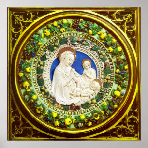 PÓSTER MADONA CON NIÑO CORONA FLORAL RENACIMIENTO