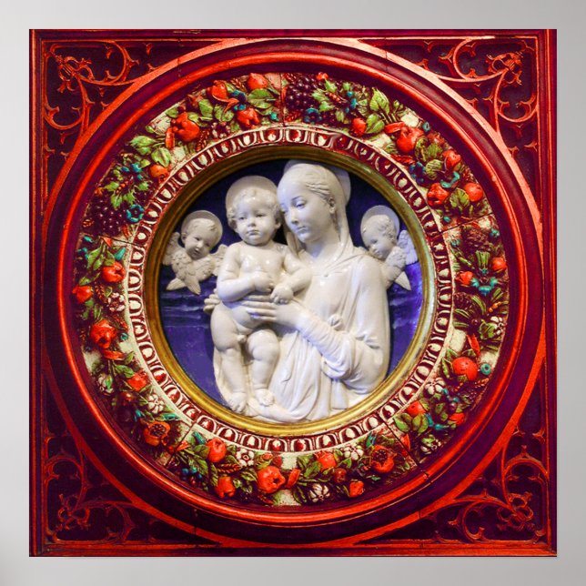 PÓSTER MADONNA CON NIÑO, ANGELES RENACER CORONA FLORAL (Frente)