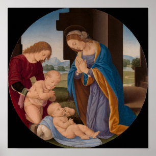 Póster Madonna que adora al niño con el santo infantil
