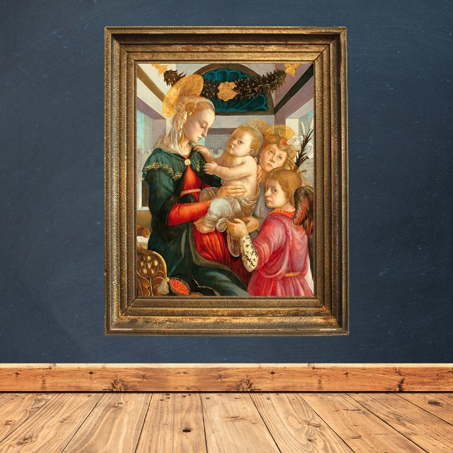 Póster Madonna y niño Dos ángeles Sandro Botticelli (Madonna and Child with Two Angels by Sandro Botticelli - Catholic Christian Poster)
